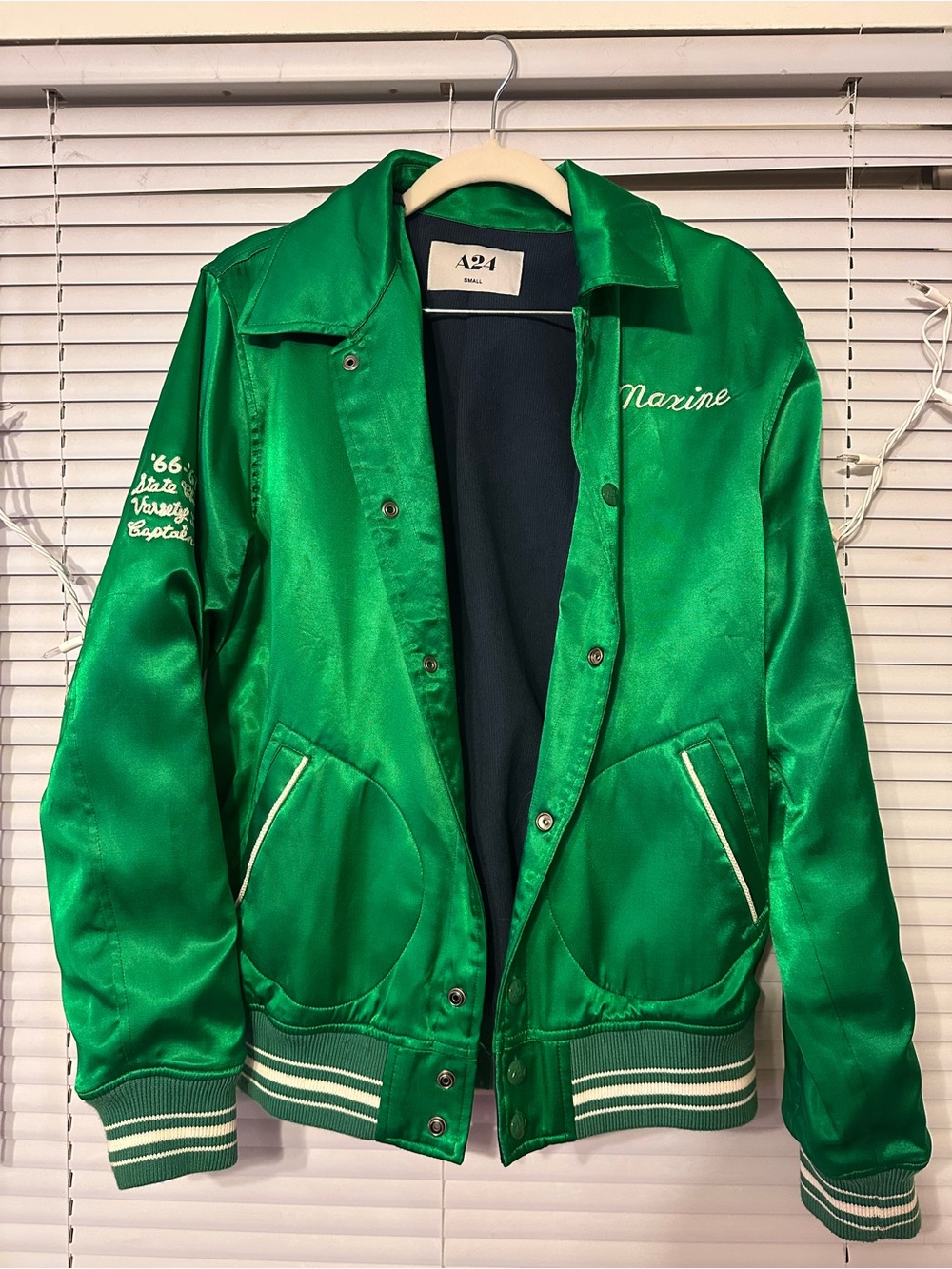 Official A24 MaXXXine Green Satin Varsity Jacket